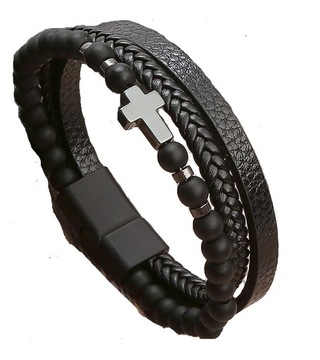 МУЖСКОЙ КОЖАНЫЙ БРАСЛЕТ С КРЕСТОВЫМИ БУСИНАМИ, СТАЛЬ 316L