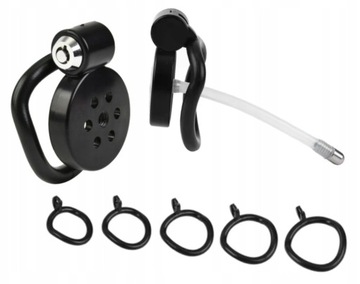 MAŁY CZARNY PŁASKI PAS CNOTY CHASTITY CAGE 5 PIERŚCIENI + DILATOR