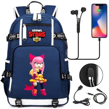 Niebieski plecak Brawl Stars Melodie z ładowaniem USB. Duża pojemność