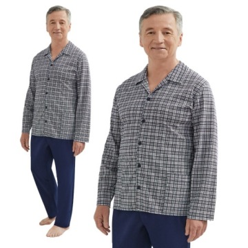 DŁUGA ELEGANCKA PIŻAMA MĘSKA ROZPINANA Z KOSZULĄ KIESZENIE W KRATĘ XL