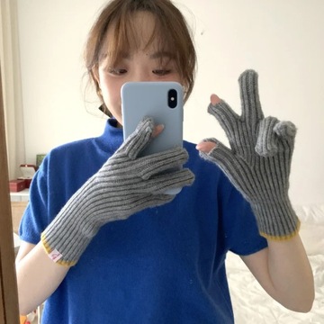 Pure Color Knitted Woolen Gloves Female Winter Screen Student Riding Split