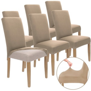 ZESTAW 6 SZT. POKROWCE POKROWIEC NA KRZESŁO BEŻOWY ELASTYCZNY UNIWERSALNY