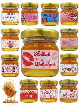 MIODEK mini Miód na WALENTYNKI w słoiczku 40g Prezent z naklejką WZORY
