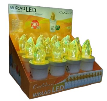 12 SZTUK WKŁAD LED DO ZNICZY ŻÓŁTY MINOR 10,7 CM 90 DNI+ baterie
