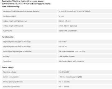 Манометр давления масла VDO 0–10 БАР A2C59514199