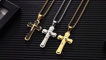 БОЛЬШОЙ СЕРЕБРЯНЫЙ КУЛОН-КРЕСТ НА СТАЛЬНОЙ ЦЕПИ