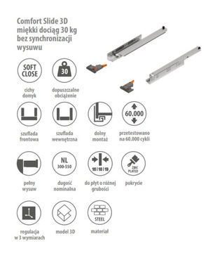 Prowadnice COMFORT SLIDE REJS 30kg L-300 PW domyk