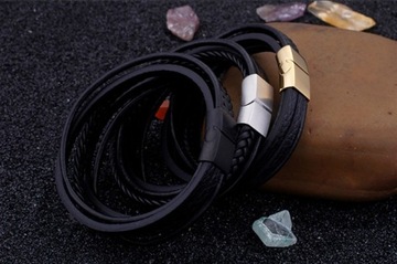 SKÓRZANA BRANSOLETA MĘSKA ZAPIĘCIE NA MAGNES STAL