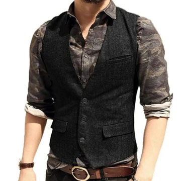 Black Flip Pocket Men Suit Vest V Neck Jacket Herr