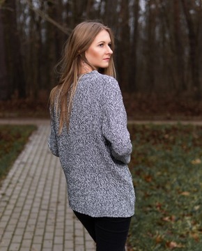 C&A Luźny Kobiecy Melanżowy Sweter Grafitowy Biały Oversize Warkocz M 38