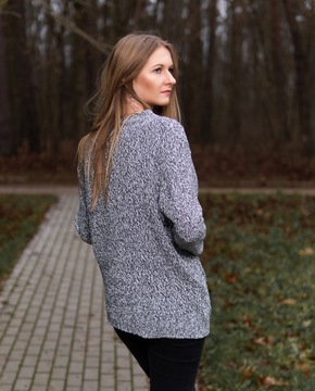 C&A Luźny Kobiecy Melanżowy Sweter Granatowy Biały Oversize Warkocz L 40