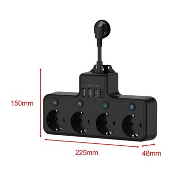 Listwa zasilająca z wtyczką EU, 1 porty typu C z 3 portami USB, elektryczne czarne