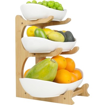 БАМБУКОВАЯ ПОДСТАВКА ДЛЯ ФРУКТОВ 3 СЛОЯ + 3 БЕЛЫЕ КЕРАМИЧЕСКИЕ ТАРЕЛКИ