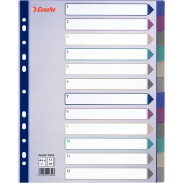 Przekładki A4 MAXI PP MULTICOLOR 12 kart 1-12 20649 ESSELTE