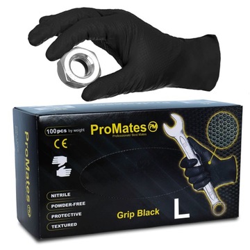 Rękawice Rękawiczki Nitrylowe PROMATES GRIP BLACK GRUBE MOCNE CZARNE roz L