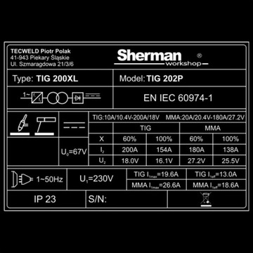 SHERMAN TIG 202P 200A ИНВЕРТОРНЫЙ СВАРОЧНЫЙ АППАРАТ PULS MMA DC HF IGBT 2T 4T