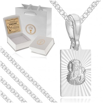 SREBRNY ŁAŃCUSZEK + MEDALIK MATKA BOSKA 925 PREZENT KOMUNIA CHRZEST GRAWER