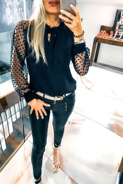 . БЕЛАЯ ЭЛЕГАНТНАЯ БЛУЗКА НА ЗАВЯЗКАХ, РУКАВА ИЗ ТЮЛЯ