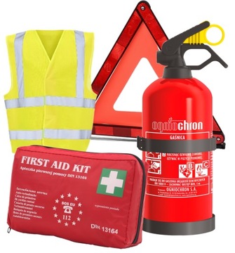 GAŚNICA 1KG TRÓJKĄT KAMIZELKA APTECZKA ZESTAW AUTO