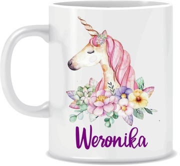 Kubek na prezent JEDNOROŻEC z kwiatami z IMIENIEM + KARTONIK
