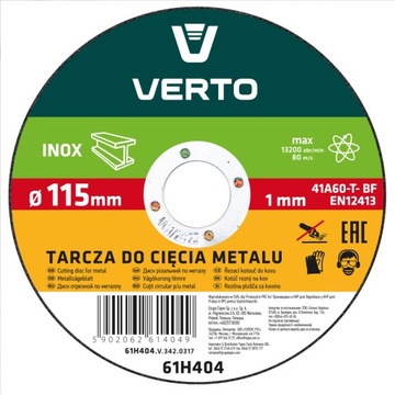 TARCZA DO CIĘCIA METALU INOX 115x1.0x22.2 mm VERTO 61H404