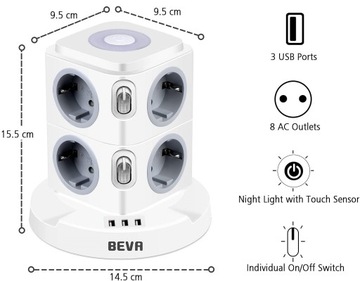УСТРОЙСТВО ДЛЯ ЗАЩИТЫ ПИТАНИЯ 11в1, 8 РОЗЕТОК + 3 СВЕТОДИОДНЫЕ ЛАМПЫ USB