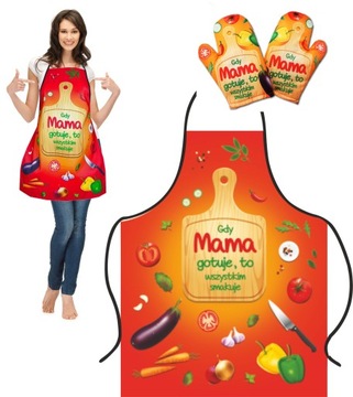Prezent na DZIEŃ MATKI mamy OJCA taty FARTUCH 2 RĘKAWICE urodzin TATA MAMA