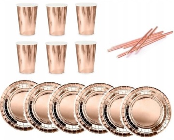 Kubeczki Talerzyki Słomki Zestaw Rurki Rose Gold