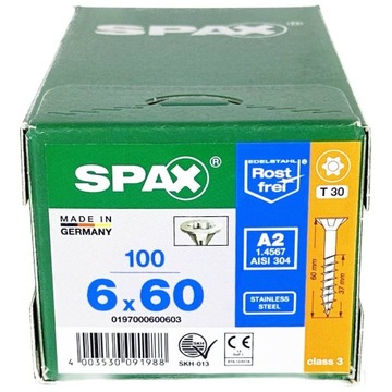 Wkręty uniwersalne nierdzewne, stal szlachetna A2, 6 x 60mm SPAX 100szt