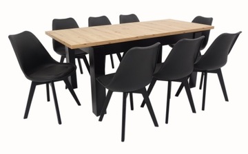 8 x czarne KUBEŁKOWE krzesło + rozkładany stół DĄB
