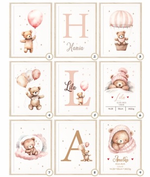 Zestaw 3 plakaty A4 misie z balonami róż dla dziewczynki imię Różne wzory