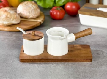 НАБОР САХАРНИКА МОЛОЧНАЯ САХАРНИЦА ЛОЖКА фарфор дерево