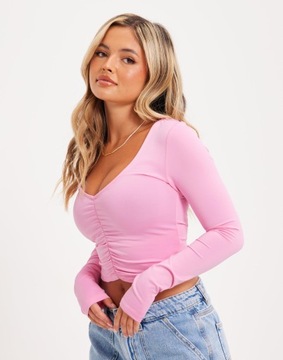 NLY TREND RÓŻOWY CROP TOP Z DŁUGIM RĘKAWEM MARSZCZENIE V5X NG5__M