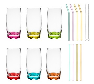 6x SZKLANKI 350ml KOLOROWE DNO + 8x RURKI SZKLANE
