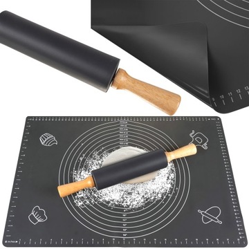 STOLNICA 40 x 60 cm MATA SILIKONOWA KUCHENNA DUŻA + WAŁEK ZESTAW XXL CZERŃ