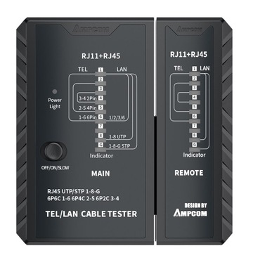 ДИОДНЫЙ ТЕСТЕР ДЛЯ СЕТЕВЫХ RJ45 И ТЕЛЕФОННЫХ КАБЕЛЕЙ RJ11 UTP/STP AMPCOM