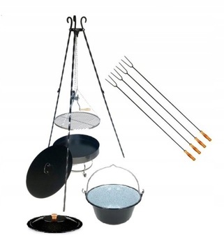GRILL TRÓJNÓG OGRODOWY RUSZT INOX PALENISKO 80.KOCIOŁEK EMALIOWANY 8L