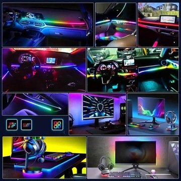 Światłowód do Samochodu Oświetlenie Ambient LED RGB 1,1m APKA+PILOT ZESTAW