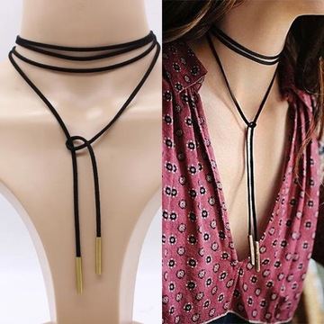 CZARNY RZEMYK NASZYJNIK CHOKER SEXY ZŁOTE RURKI BOHO WIĄZANY