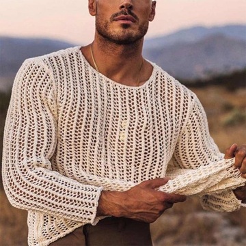 Men Mesh Top See Through Long Sleeves Round Neck H