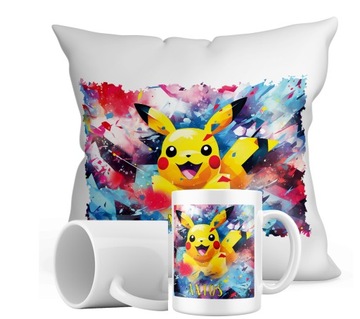 PIKACHU ZESTAW KUBEK+PODUSZKA+DOWOLNE IMIĘ PREZENT DZIECKO