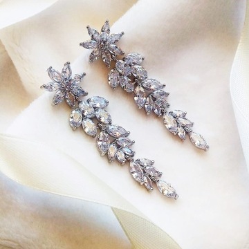 Длинные свадебные СЕРЬГИ ЦВЕТОК серебро КАМЕННЫЕ листья