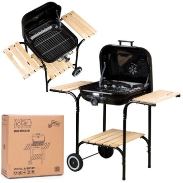 GRILL OGRODOWY WĘGLOWY DUŻY Z REGULACJĄ RUSZTU 3 PÓŁKI DREWNIANE POKRYWA