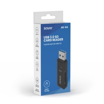 Картридер SAVIO SD, USB 3.0, 5 Гбит/с, АК-64