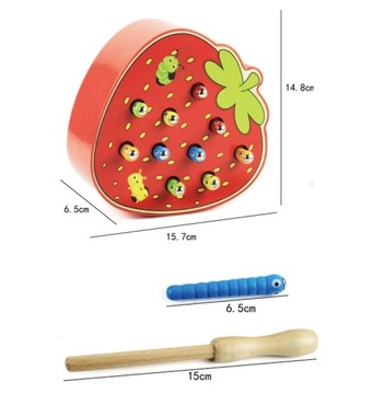ДЕРЕВЯННАЯ ИГРА «Поймай червяка» КЛУБНИКА УДОЧКА МОНТЕССОРИ