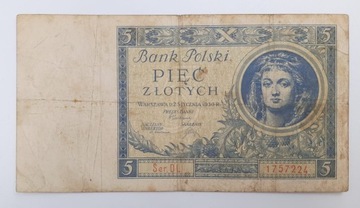 Старая коллекционная банкнота Польша 5 злотых 1930 года.