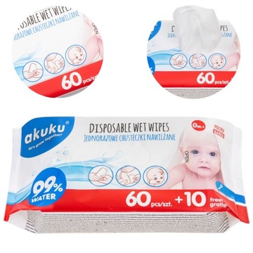 AKUKU JEDNORAZOWE MOKRE CHUSTECZKI DLA NIEMOWLĄT NAWILŻANE WODĄ 70 SZT