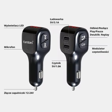 transmiter bluetooth FM samochodowy USB-C,FUNKCJA ROZMOWY AUX QC3.0