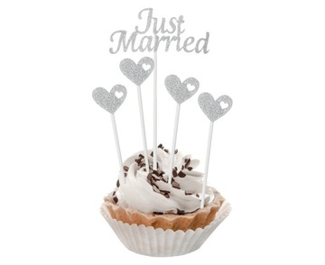 Pikery do babeczek JUST MARRIED na ślub srebrne 5