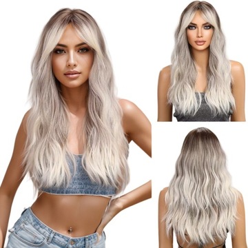 Peruka Ciemny Brąz Blond Ombre Długie Włosy Fale Naturalny